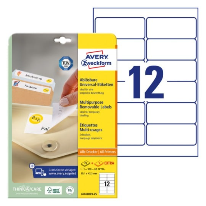 Avery L4743rev-25 Avtakbare Flerbruksetiketter 99,1 X 42,3 Mm Hvit Hvit 3