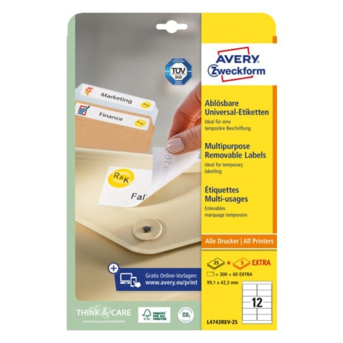 Avery L4743rev-25 Avtakbare Flerbruksetiketter 99,1 X 42,3 Mm Hvit Hvit 4