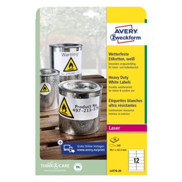 Avery L4776-20 Værbestandige Filmetiketter 99,1 X 42,3 Mm Hvit Hvit 3