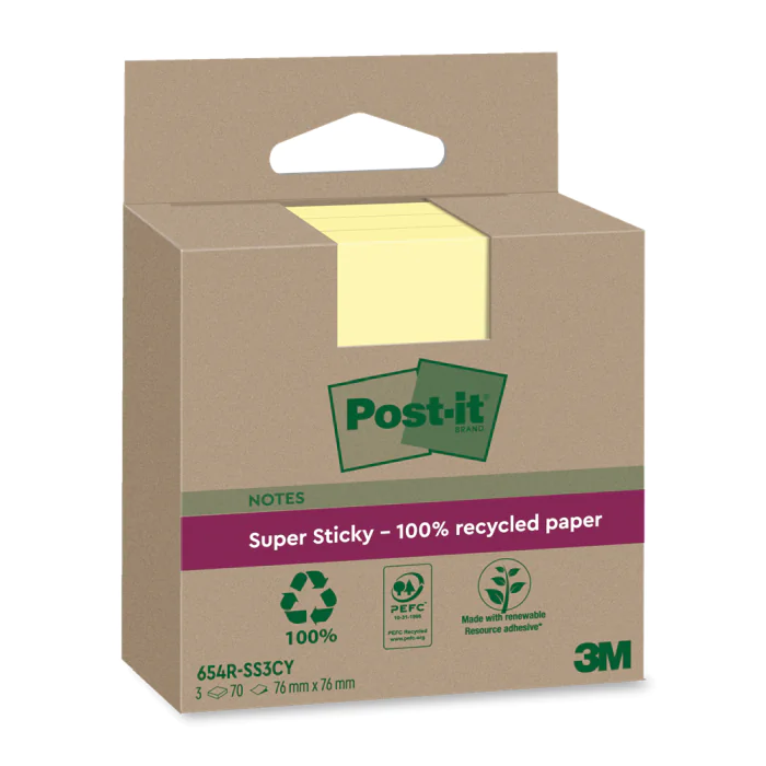 3M Super Sticky Notater – Dobbelt Så Sterk Klebeevne (3M654RSS3CY, 8 Eske)