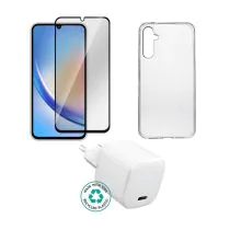eSTUFF Sett for Samsung Galaxy A14. Lader, deksel, glass. Brun boks., 1 Stykk, SEN-W129018732